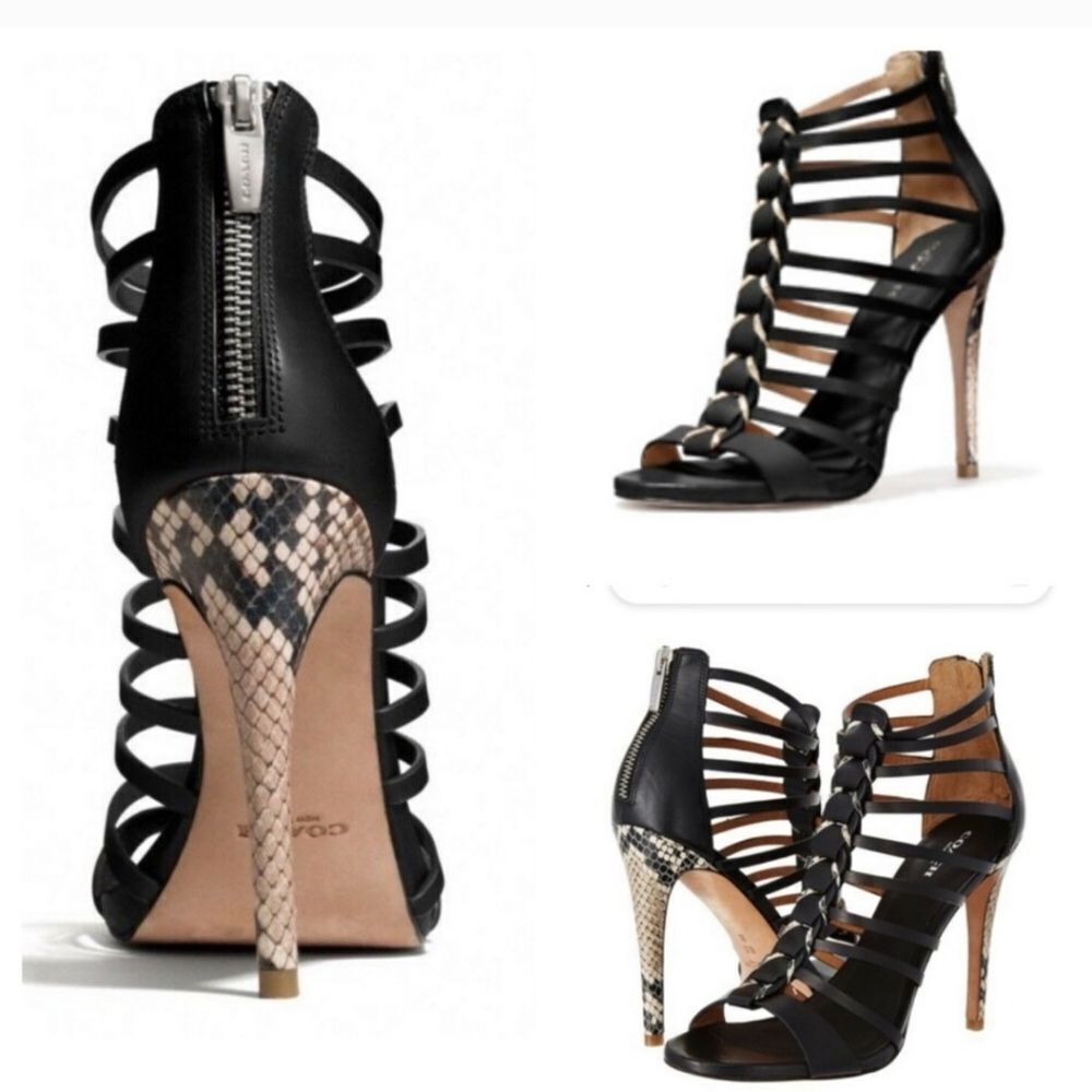 COACH JOSEY WOMEN'S BLACK LEATHER SNAKE HIGH HEELS OPEN TOE SHOES